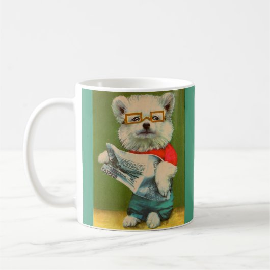 puppy leest krantenkrant koffiemok (Links)