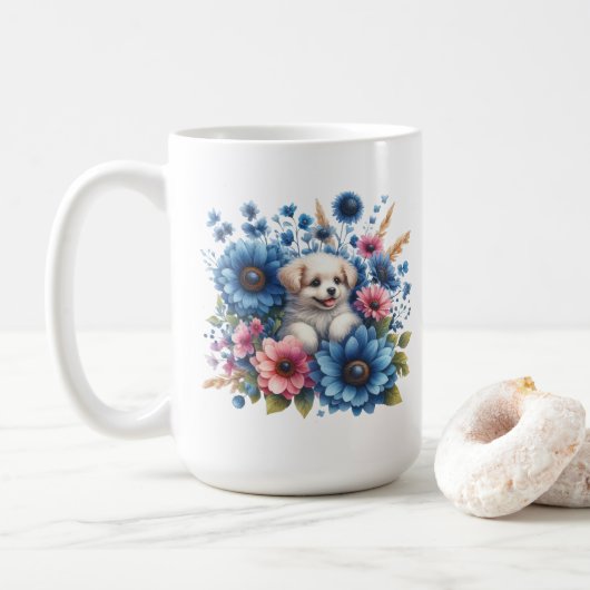 Puppy Liefde en Kleurrijke Bloemen Mok (Met donut)