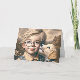 Puppy likken jongen's gezicht kaart