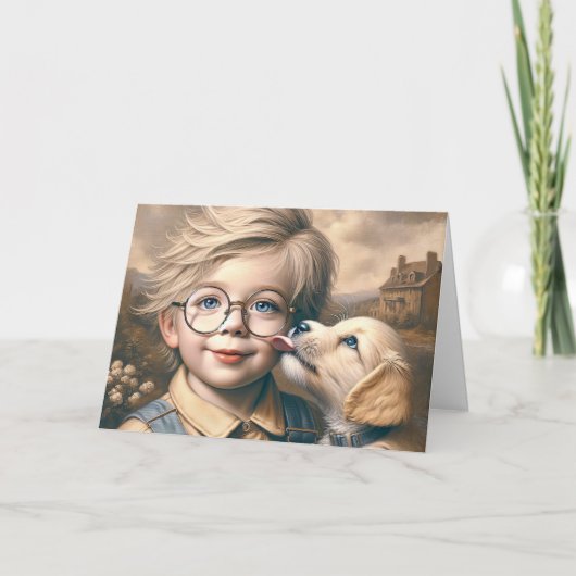 Puppy likken jongen's gezicht kaart (Voorkant)