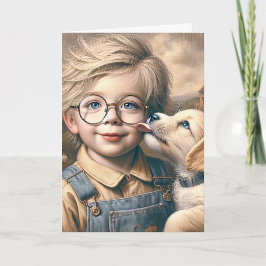 Puppy likken kleine jongen's gezicht kaart (Voorkant)