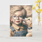 Puppy likken kleine jongen's gezicht kaart (Gele Bloem)