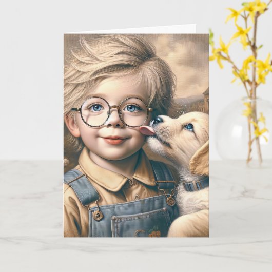 Puppy likken kleine jongen's gezicht kaart (Gele Bloem)