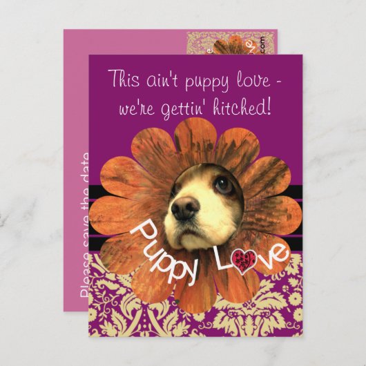 Puppy Love Peking Out of a Flower Aankondigingskaart (Voorkant / Achterkant)