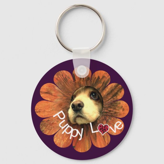 Puppy Love Peking Out of a Flower Sleutelhanger (Voorkant)