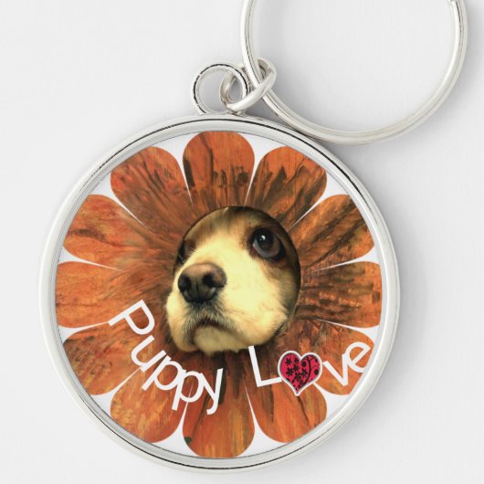 Puppy Love Peking Out of a Flower Sleutelhanger (Voorkant)