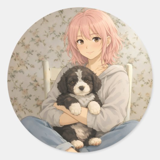 Puppy Love Round Sticker Cute Dog Vibes (Voorkant)