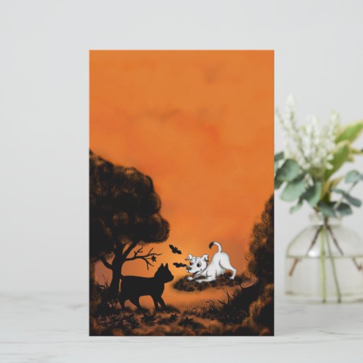 Puppy met Black Cat en Bat, Happy Halloween! Briefpapier (Staand voorkant)