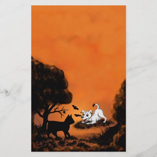 Puppy met Black Cat en Bat, Happy Halloween! Briefpapier (Voorkant)