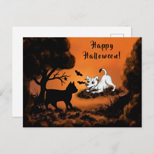 Puppy met Black Cat en Bat, Happy Halloween! Feestdagenkaart (Voorkant / Achterkant)