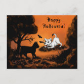 Puppy met Black Cat en Bat, Happy Halloween! Feestdagenkaart (Voorkant)