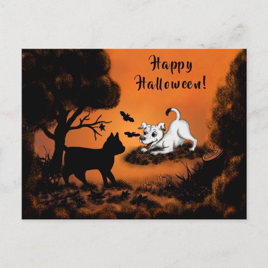 Puppy met Black Cat en Bat, Happy Halloween! Feestdagenkaart (Voorkant)