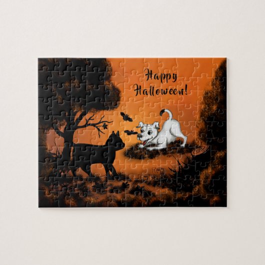 Puppy met Black Cat en Bat, Happy Halloween! Legpuzzel (Horizontaal)