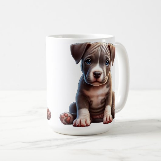 Puppy met blauwe ogen zittend en onschuldig kijken koffiemok (Voorkant rechts)