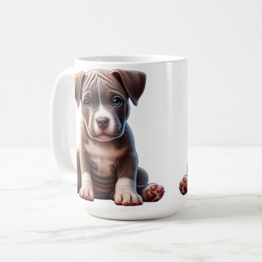 Puppy met blauwe ogen zittend en onschuldig kijken koffiemok (Voorkant links)