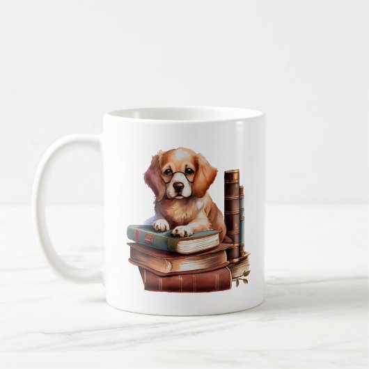 Puppy met boeken, lezer koffiemok (Links)