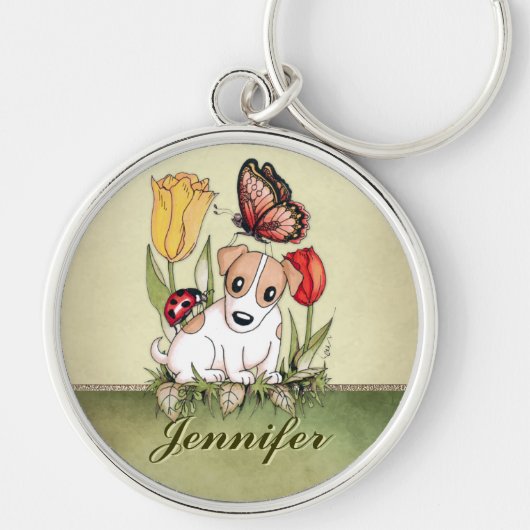 Puppy met Butterfly, Ladybug en Tulips Sleutelhanger (Voorkant)