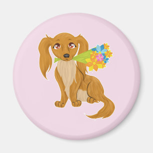 Puppy met Flower Bouquet Magneet