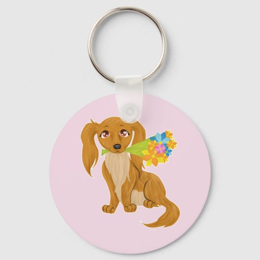 Puppy met Flower Bouquet Sleutelhanger (Voorkant)