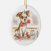 puppy met gebroken vaas en roze rozen keramisch ornament (Rechts)