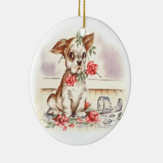  puppy met gebroken vaas en roze rozen keramisch ornament (Rechts)