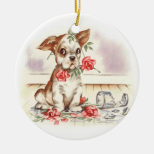 puppy met gebroken vaas en roze rozen keramisch ornament