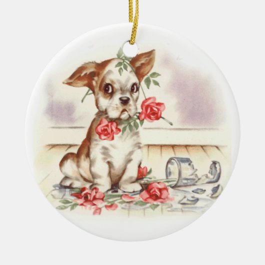 puppy met gebroken vaas en roze rozen keramisch ornament (Voorkant)