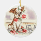 puppy met gebroken vaas en roze rozen keramisch ornament (Achterkant)