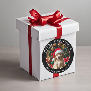 Puppy met kerstmuts gepersonaliseerde kerst ronde sticker