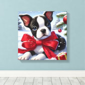 Puppy met rode strik in besneeuwde kerstscène canvas afdruk (Insitu (Houten vloer))