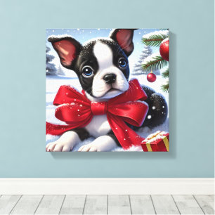 Puppy met rode strik in besneeuwde kerstscène canvas afdruk