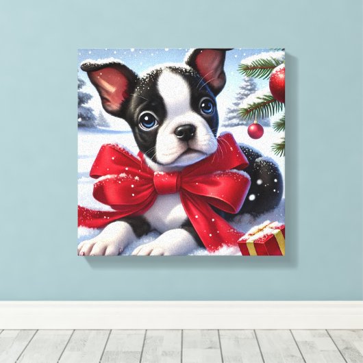 Puppy met rode strik in besneeuwde kerstscène canvas afdruk (Insitu (Houten vloer))