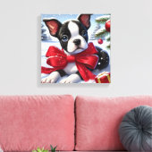 Puppy met rode strik in besneeuwde kerstscène canvas afdruk (Insitu (Woonkamer))