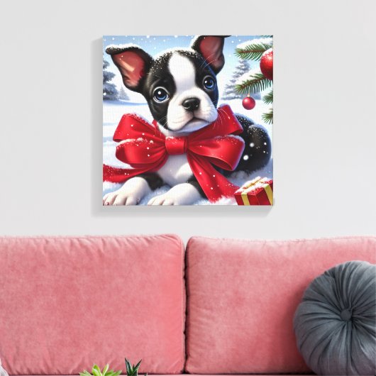 Puppy met rode strik in besneeuwde kerstscène canvas afdruk (Insitu (Woonkamer))
