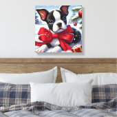 Puppy met rode strik in besneeuwde kerstscène canvas afdruk (Insitu (Slaapkamer))