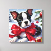 Puppy met rode strik in besneeuwde kerstscène canvas afdruk (Voorkant)