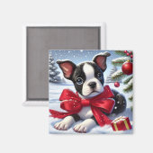 Puppy met rode strik in besneeuwde kerstscène magneet (Voorkant / Achterkant)