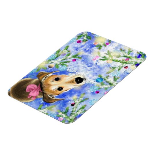 Puppy met roze lint - prettig kerstfeest magneet (Linkerzijde)