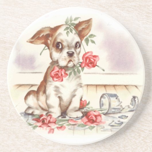 Puppy met rozen zandsteen onderzetter (Voorkant)