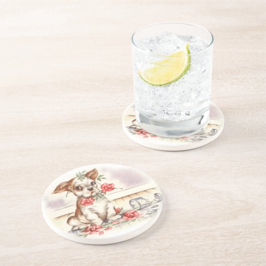 Puppy met rozen zandsteen onderzetter (Zijkant)