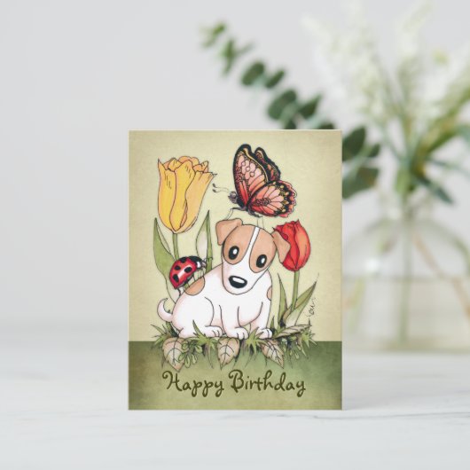 Puppy met vlinder, ladybug en tulpen briefkaart (Staand voorkant)