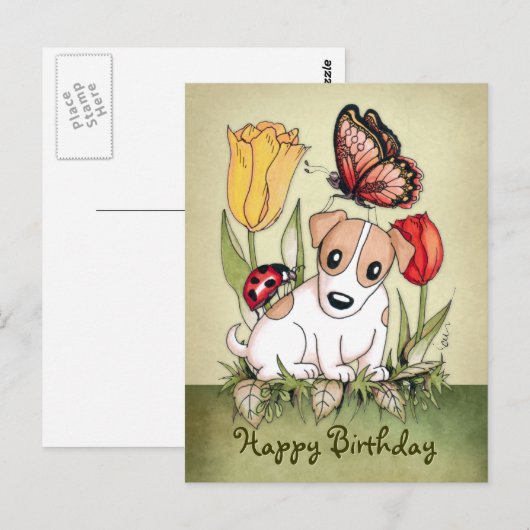 Puppy met vlinder, ladybug en tulpen briefkaart (Voorkant / Achterkant)