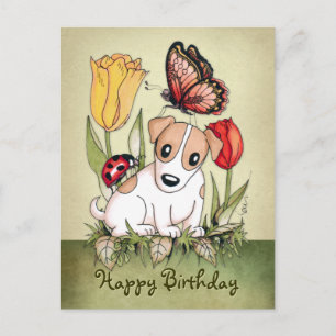 Puppy met vlinder, ladybug en tulpen briefkaart