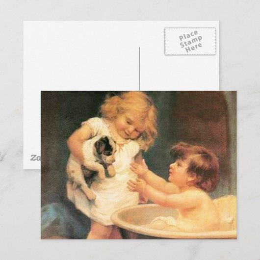 Puppy neemt een bad  Antiek Briefkaart (Voorkant / Achterkant)