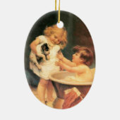 Puppy neemt een bad  Antiek Keramisch Ornament (Achterkant)