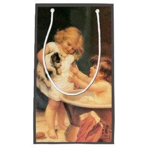 Puppy neemt een bad  Antiek Klein Cadeauzakje