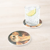 Puppy neemt een bad  Antiek Zandsteen Onderzetter (Zijkant)