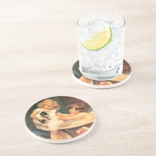 Puppy neemt een bad  Antiek Zandsteen Onderzetter (Zijkant)