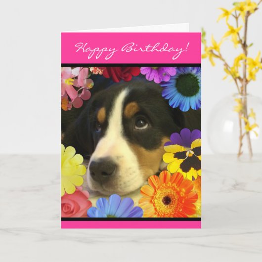 Puppy ogen verjaardag kaart (Gele Bloem)