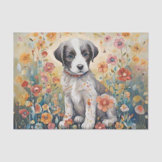 Puppy Omgeven Door Bloemen Decoupage Weefselpapier Tissuepapier (Voorkant)